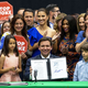 Florida Gov. Ron DeSantis reacts after publicly signing HB7, “individual freedom,” also dubbed the “stop woke” bill, during a news conference at Mater Academy Charter Middle/High School in Hialeah Gardens, Fla., on Friday, April 22, 2022.